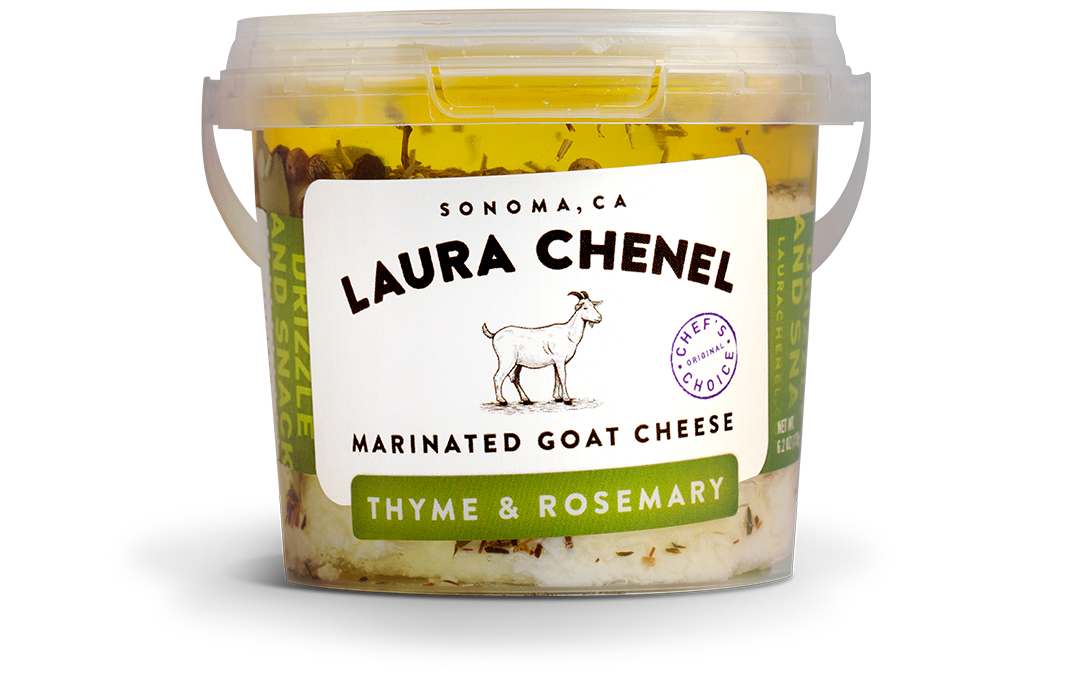mixed peppercorn, thyme, rosemary, bay leaves and spices in oil slowly infuses dense slices of tart, creamy goat cheese